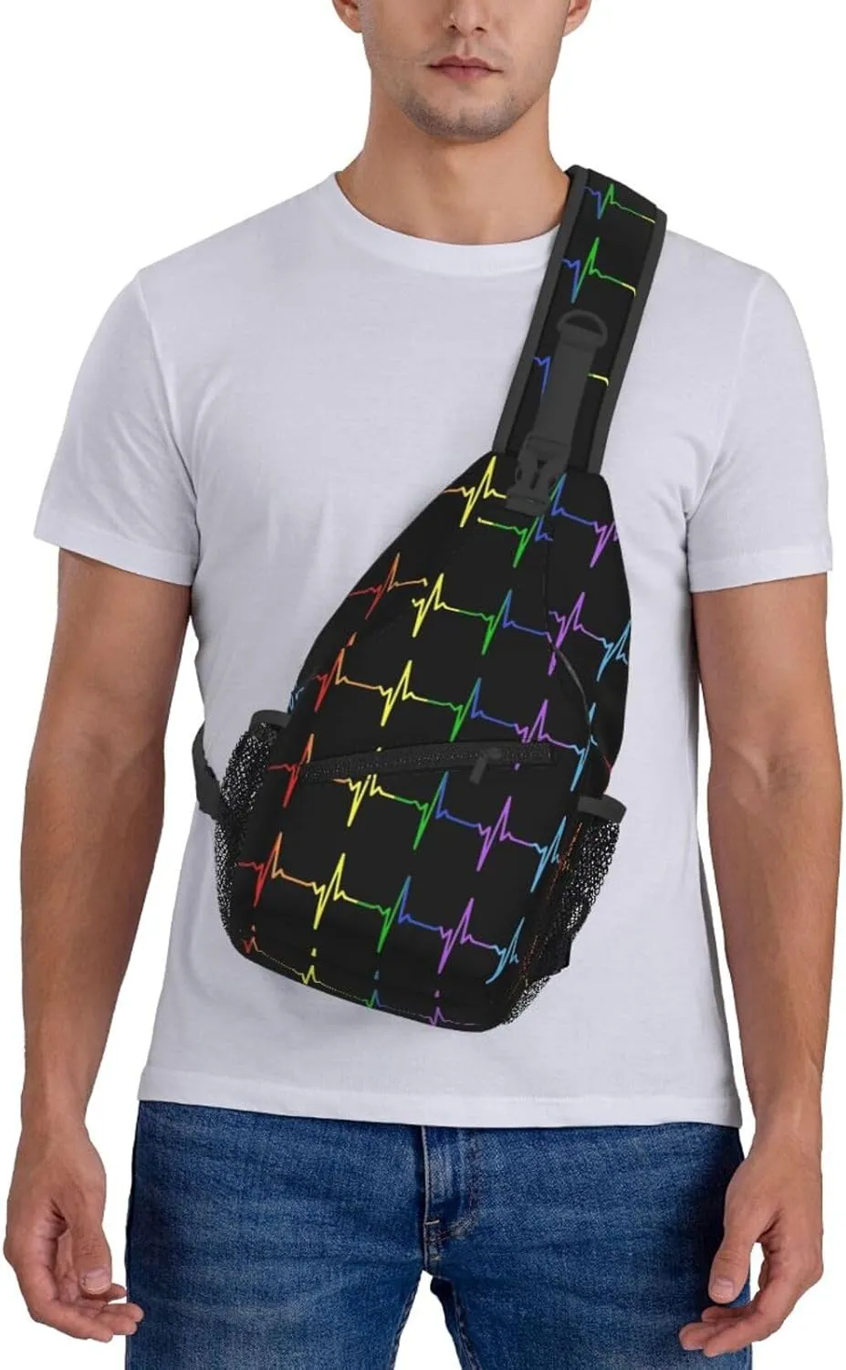 Lgbt Pride Rainbow Gay Pulse Heartbeat Electrocardiogram Chest Sling Bag Crossbody Shoulder Backpack Bag Gym Cycling Daypack Travel Hiking Cross Bag