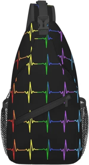 Lgbt Pride Rainbow Gay Pulse Heartbeat Electrocardiogram Chest Sling Bag Crossbody Shoulder Backpack Bag Gym Cycling Daypack Travel Hiking Cross Bag