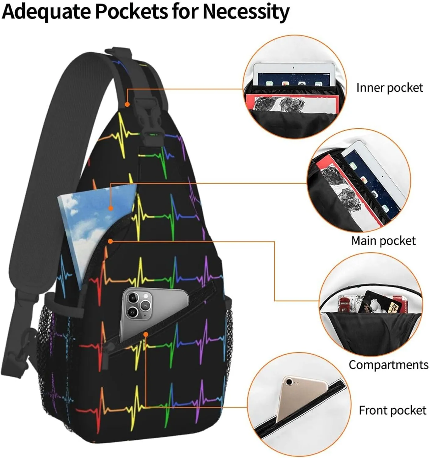 Lgbt Pride Rainbow Gay Pulse Heartbeat Electrocardiogram Chest Sling Bag Crossbody Shoulder Backpack Bag Gym Cycling Daypack Travel Hiking Cross Bag