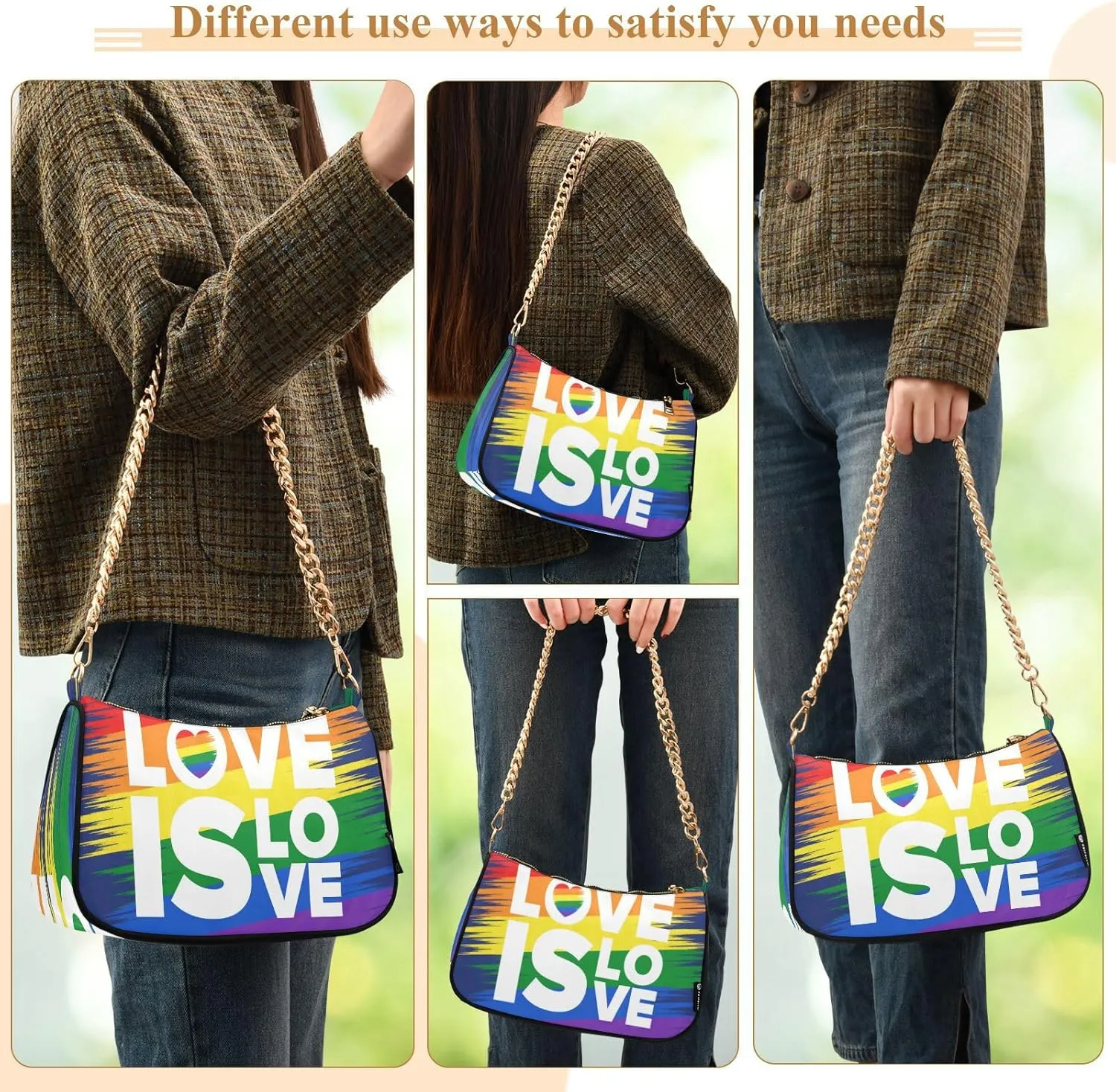 Lgbt Pride Shoulder Bag for Women Hobo Tote Handbag Gold Chain Crossbody Bag with Zipper Clutch Purse Handbags
