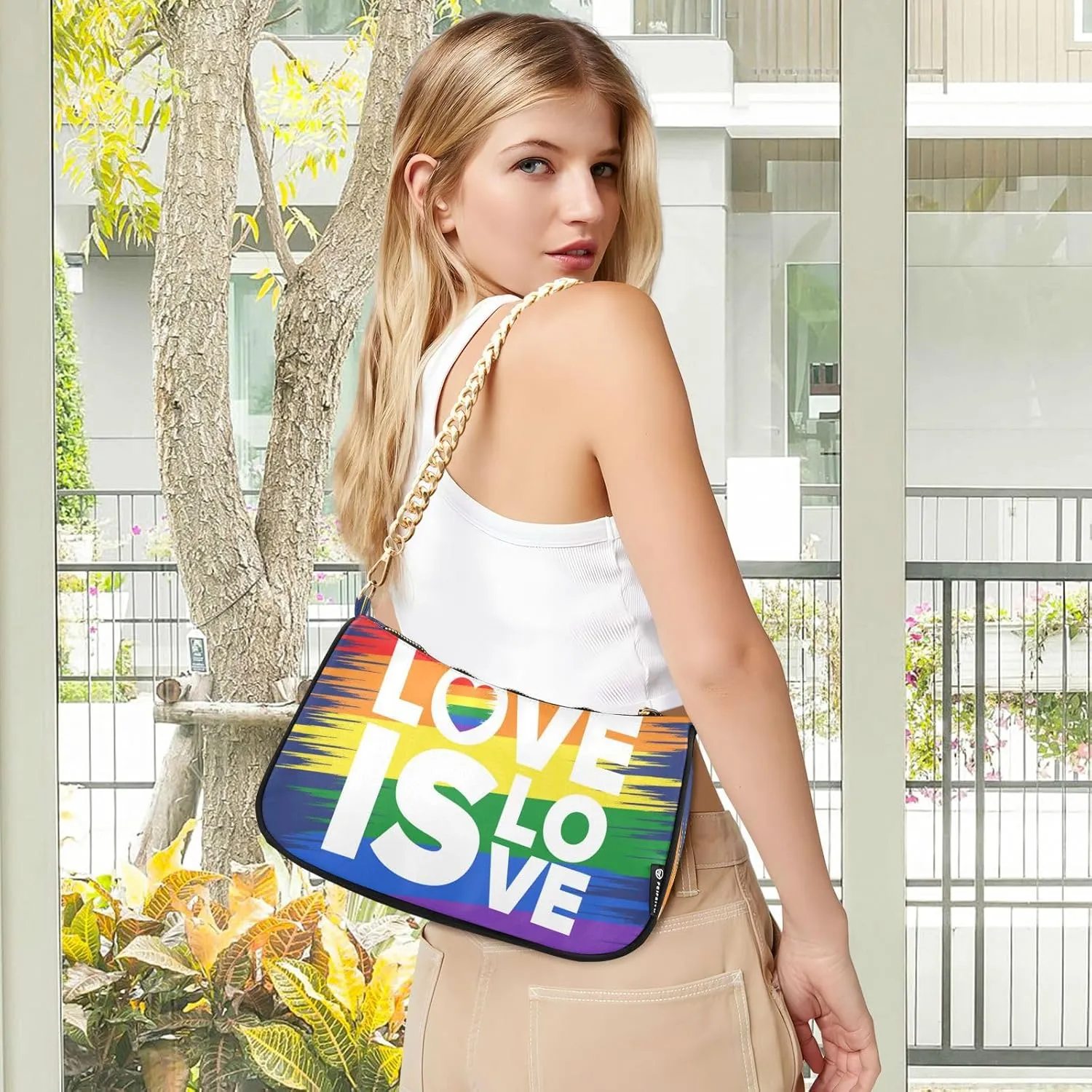 Lgbt Pride Shoulder Bag for Women Hobo Tote Handbag Gold Chain Crossbody Bag with Zipper Clutch Purse Handbags
