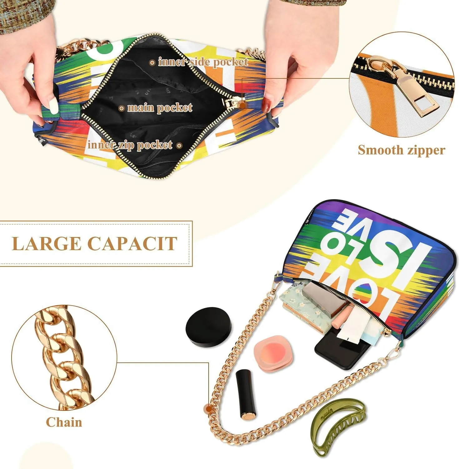 Lgbt Pride Shoulder Bag for Women Hobo Tote Handbag Gold Chain Crossbody Bag with Zipper Clutch Purse Handbags