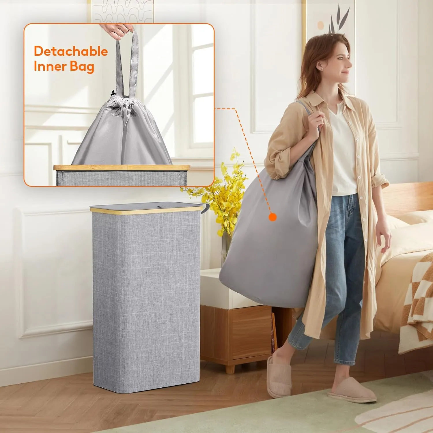 Lifewit 75L Slim Laundry Hamper with Lid, Narrow Laundry Basket with Removable Bag & Bamboo Handles, Fodable Thin Dirty Clothes Hamper for Laundry Collapsible Bin for Bathroom Bedroom Dorm, Gray