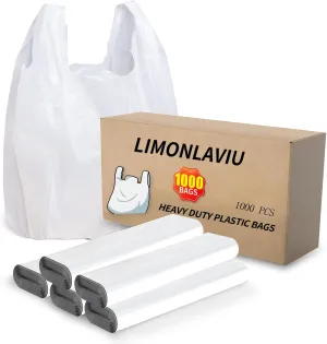 LimonLaviu Plastic Bags, (11.5”x 6.5" x 21”)(1000Pack) Plastic Shopping Bags with Handles for Small Business Grocery T Shirt Bag Reusable and Disposable Supermarket Bag in Bulk, White