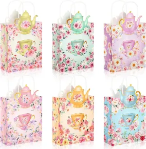 Lincia 24 Pack Tea Party Gift Bags Tea Party Decorations Floral Goodie Treat Bags with Handles for Birthday Goody Wedding Events Favors Mother's Day Supplies