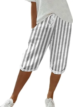 Linen Capri Pants for Women Elastic Waist Pants High Waist Drawstring Casual Pant Lightweight Loose Trousers with Pockets