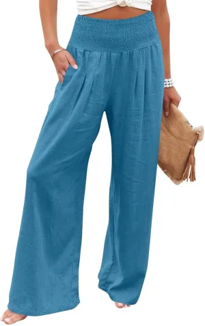 Linen Pants Women Summer High Waisted Palazzo Pants Pleated Lounge Pant Baggy Flowy Trousers with Pockets (S-XXL)