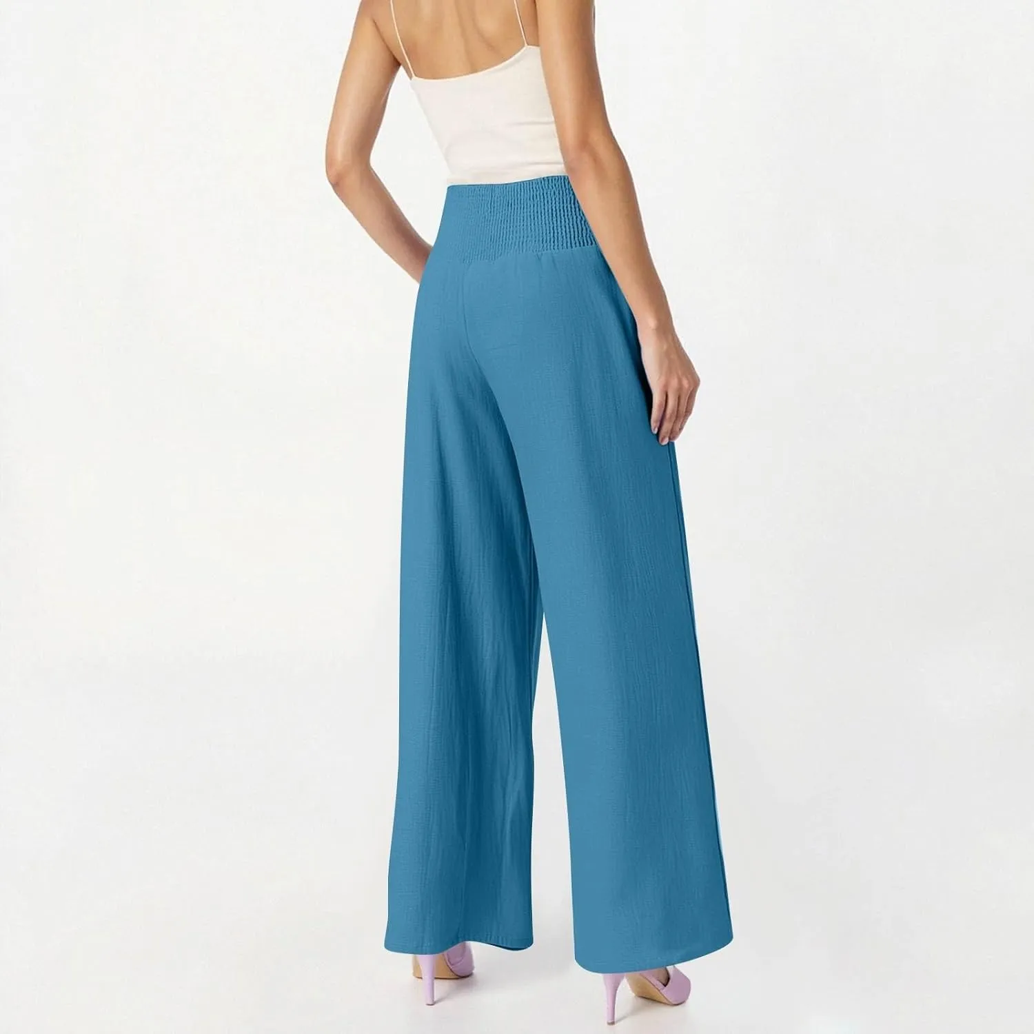 Linen Pants Women Summer High Waisted Palazzo Pants Pleated Lounge Pant Baggy Flowy Trousers with Pockets (S-XXL)