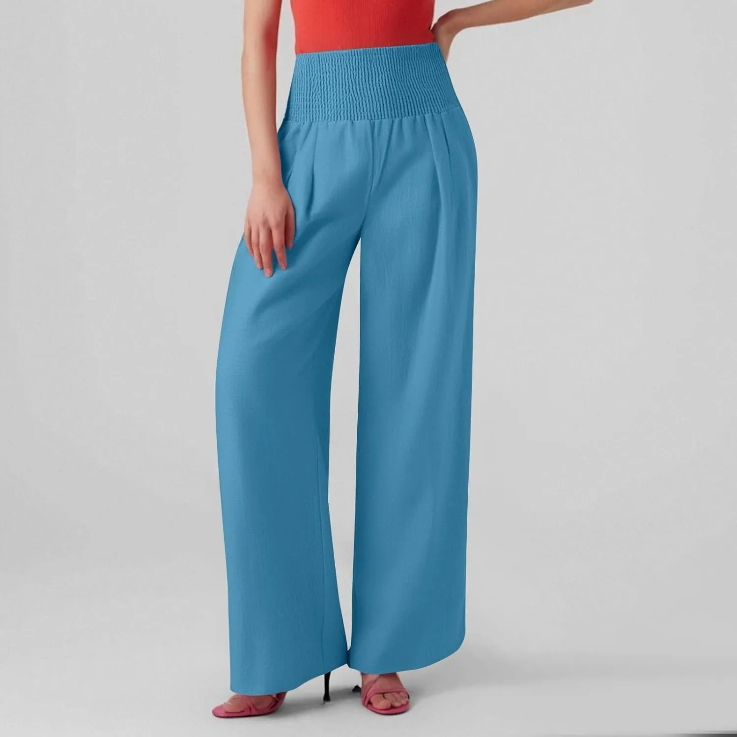 Linen Pants Women Summer High Waisted Palazzo Pants Pleated Lounge Pant Baggy Flowy Trousers with Pockets (S-XXL)