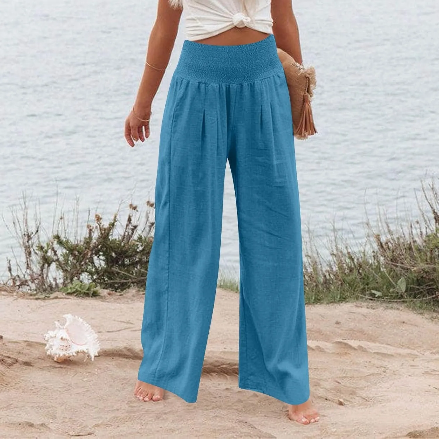 Linen Pants Women Summer High Waisted Palazzo Pants Pleated Lounge Pant Baggy Flowy Trousers with Pockets (S-XXL)