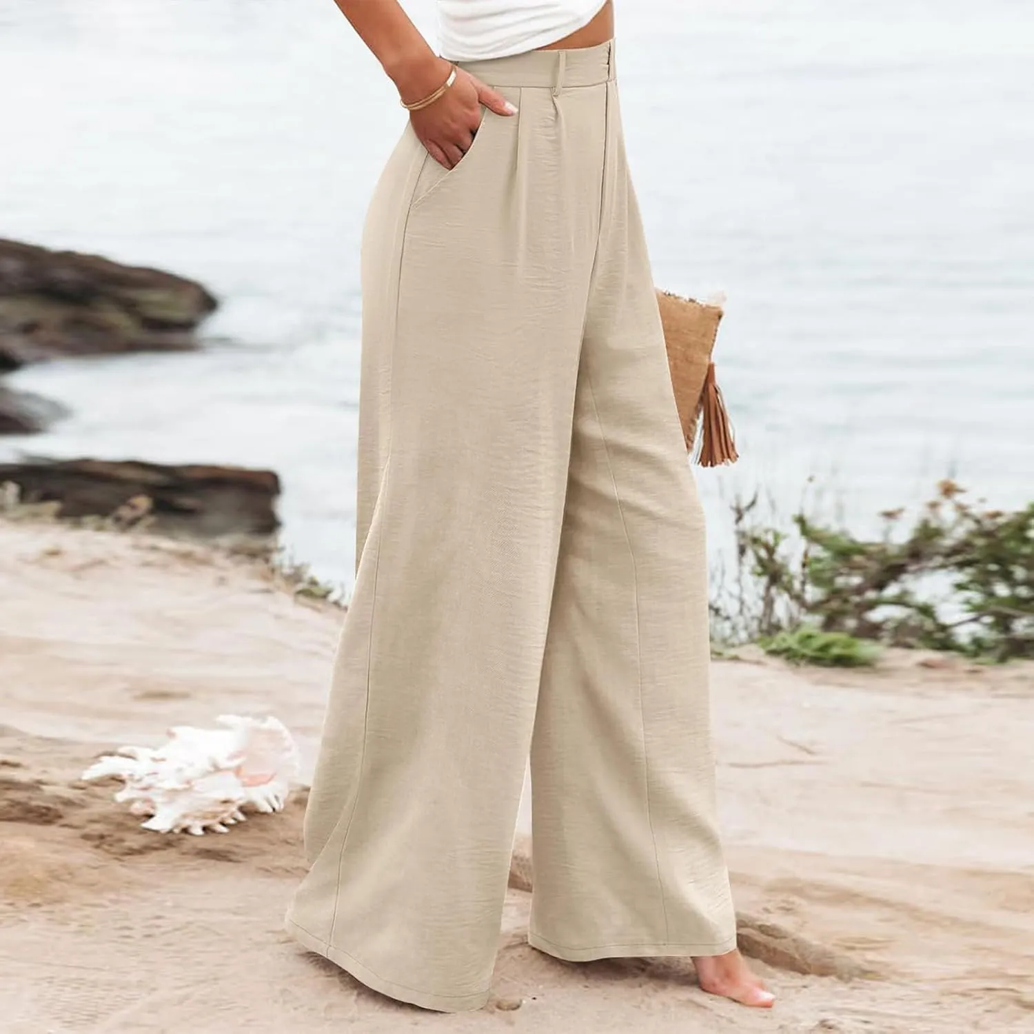 Linen Wide Leg Dress Pants Women Business Casual Elastic Waist Comfy Work Pants Lightweight Vacation Beach Trousers