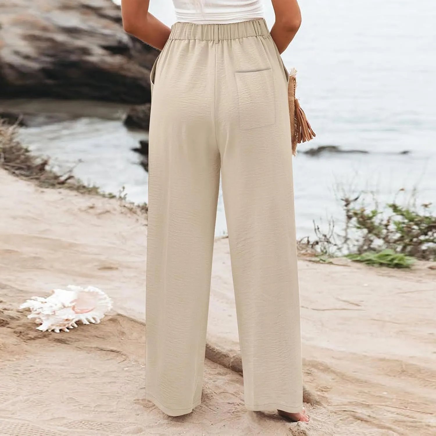 Linen Wide Leg Dress Pants Women Business Casual Elastic Waist Comfy Work Pants Lightweight Vacation Beach Trousers