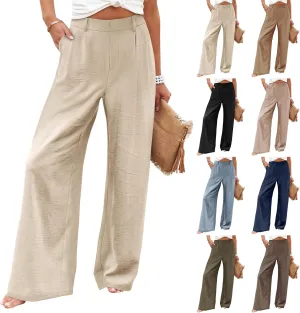 Linen Wide Leg Dress Pants Women Business Casual Elastic Waist Comfy Work Pants Lightweight Vacation Beach Trousers