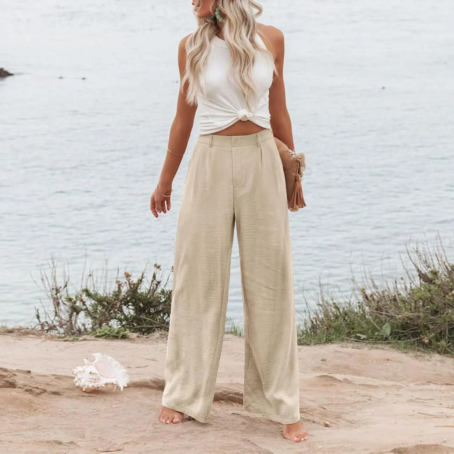 Linen Wide Leg Dress Pants Women Business Casual Elastic Waist Comfy Work Pants Lightweight Vacation Beach Trousers