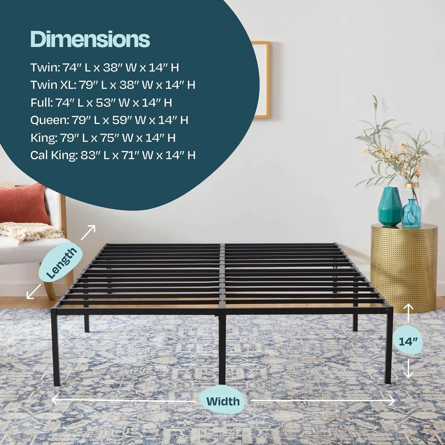 Linenspa Heavy Duty Metal Platform Bed Frame - No Box Spring Needed - Underbed Storage - Simple Tool Free Assembly - 14” High - Sturdy - Steel Slats - Sleek Modern Design - Queen Size
