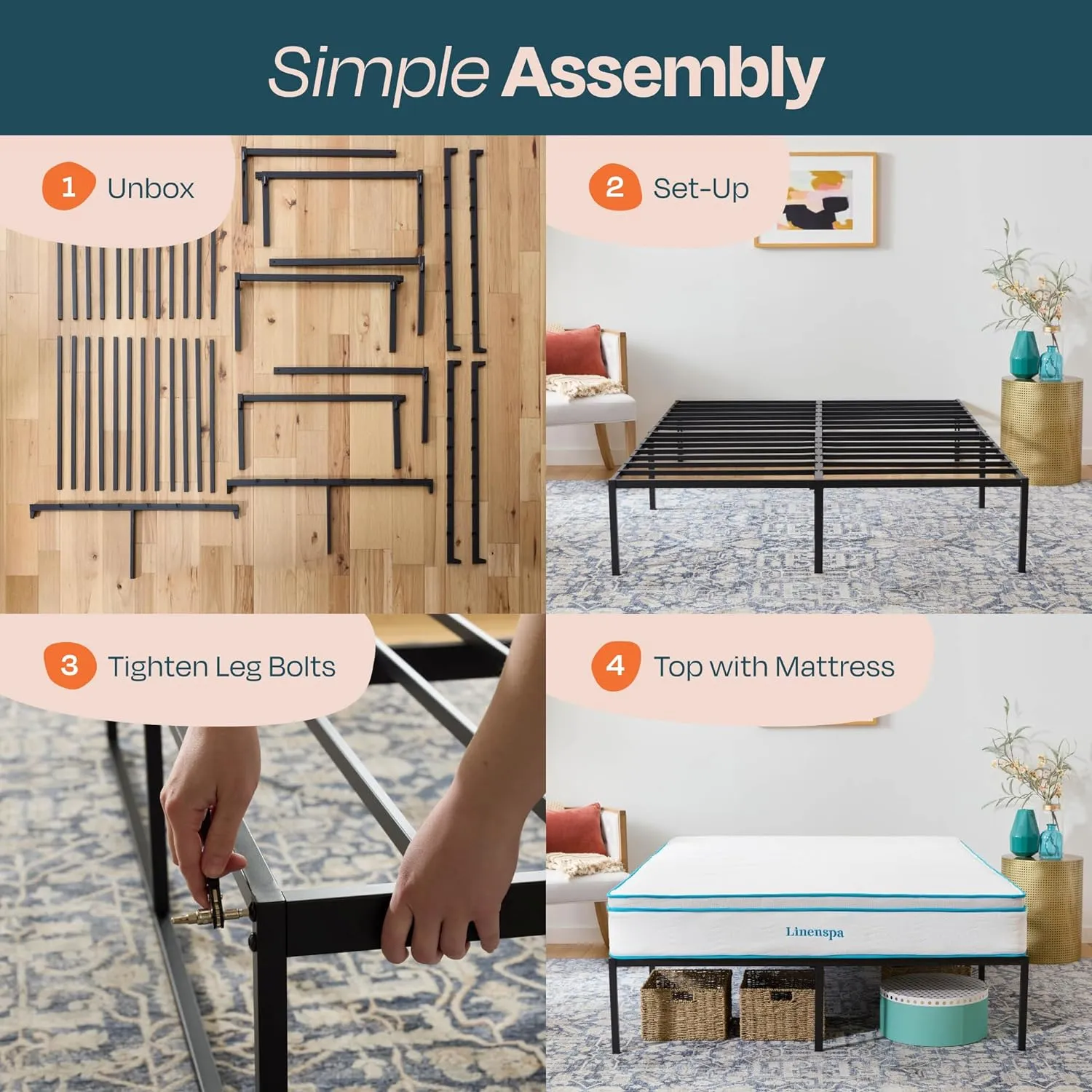 Linenspa Heavy Duty Metal Platform Bed Frame - No Box Spring Needed - Underbed Storage - Simple Tool Free Assembly - 14” High - Sturdy - Steel Slats - Sleek Modern Design - Queen Size
