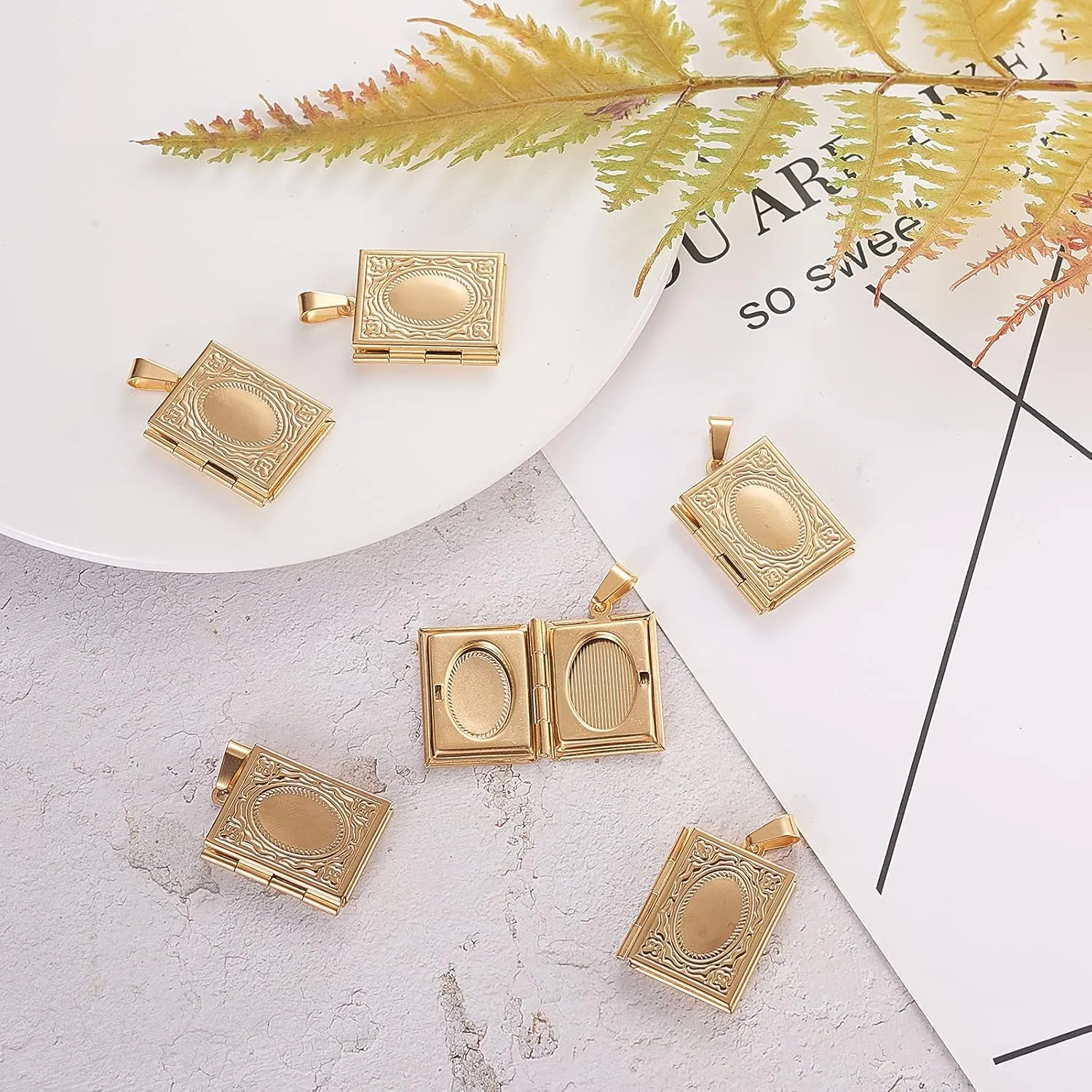 LiQunSweet 10 Pcs Vintage Golden Plated Stainless Steel Locket Pendants Photo Frame Book Charms for Memorial Necklaces Jewelry Making DIY Crafts - 26x19mm