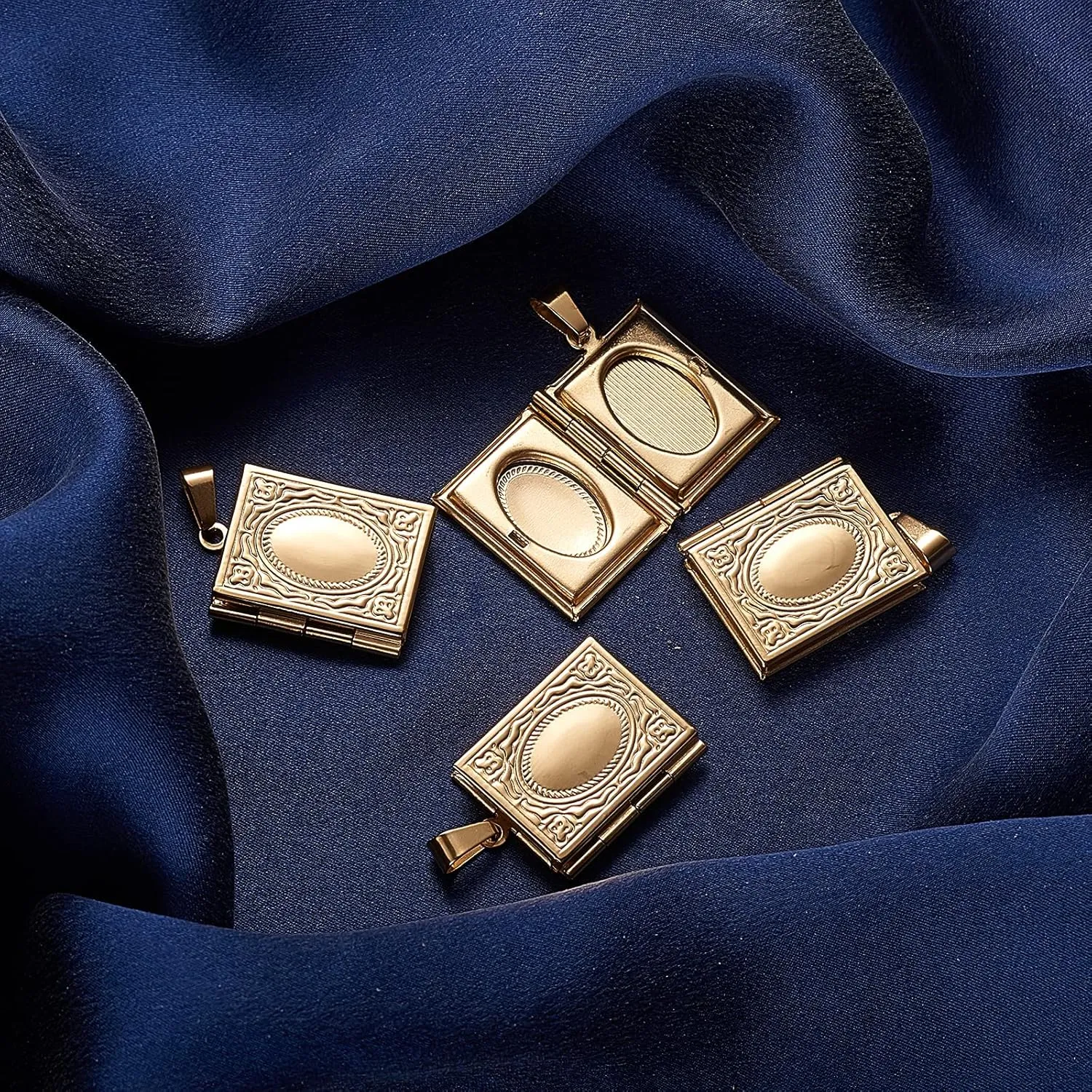 LiQunSweet 10 Pcs Vintage Golden Plated Stainless Steel Locket Pendants Photo Frame Book Charms for Memorial Necklaces Jewelry Making DIY Crafts - 26x19mm