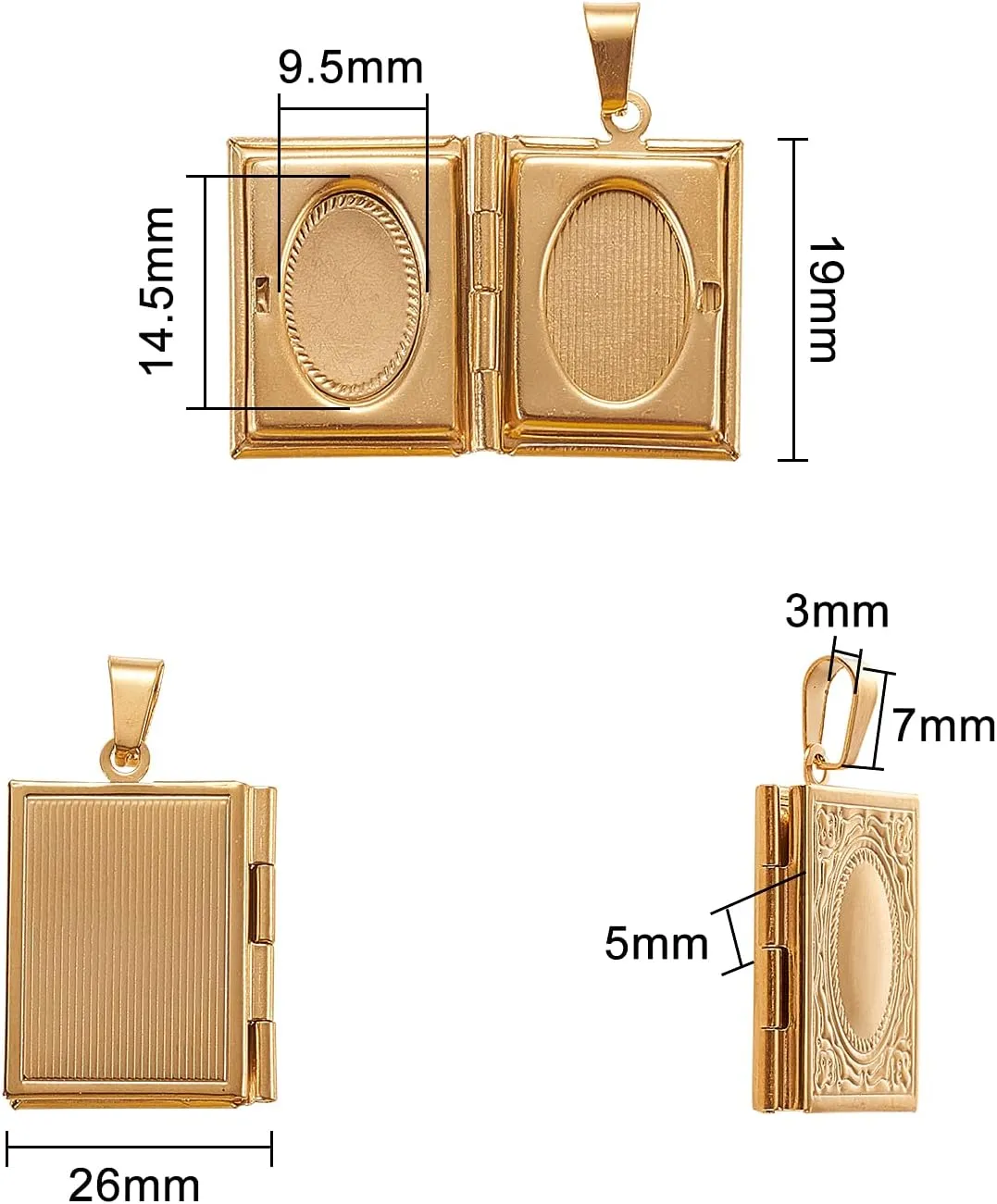 LiQunSweet 10 Pcs Vintage Golden Plated Stainless Steel Locket Pendants Photo Frame Book Charms for Memorial Necklaces Jewelry Making DIY Crafts - 26x19mm