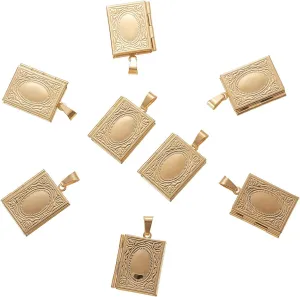 LiQunSweet 10 Pcs Vintage Golden Plated Stainless Steel Locket Pendants Photo Frame Book Charms for Memorial Necklaces Jewelry Making DIY Crafts - 26x19mm