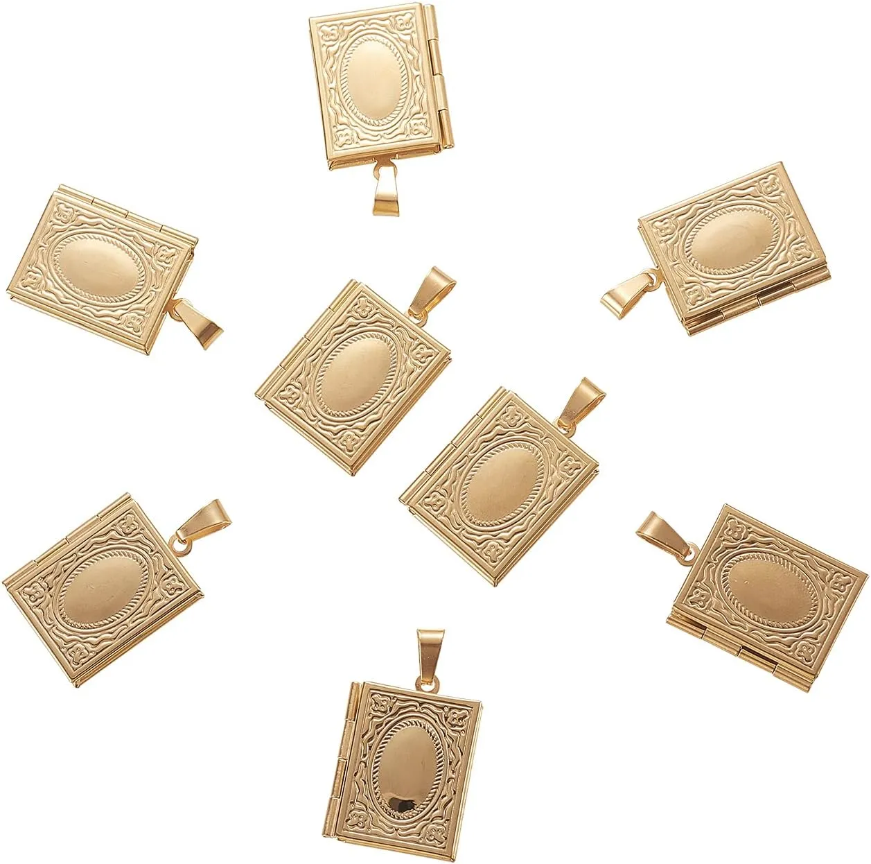 LiQunSweet 10 Pcs Vintage Golden Plated Stainless Steel Locket Pendants Photo Frame Book Charms for Memorial Necklaces Jewelry Making DIY Crafts - 26x19mm