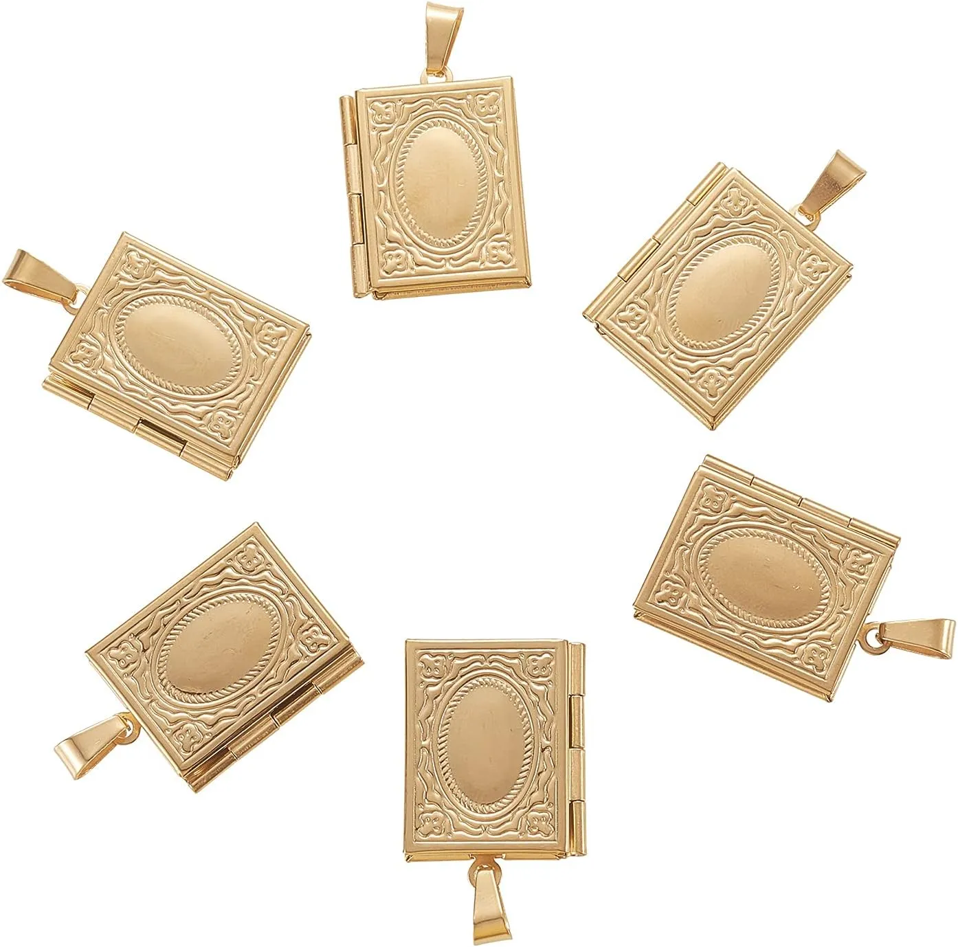 LiQunSweet 10 Pcs Vintage Golden Plated Stainless Steel Locket Pendants Photo Frame Book Charms for Memorial Necklaces Jewelry Making DIY Crafts - 26x19mm