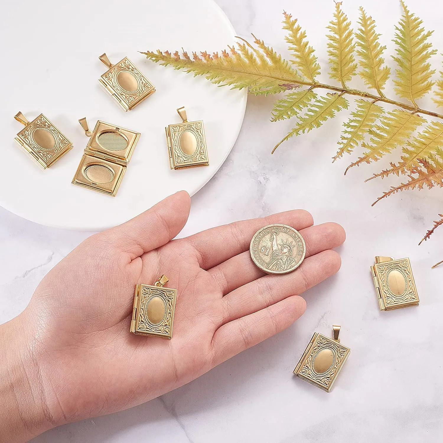 LiQunSweet 10 Pcs Vintage Golden Plated Stainless Steel Locket Pendants Photo Frame Book Charms for Memorial Necklaces Jewelry Making DIY Crafts - 26x19mm