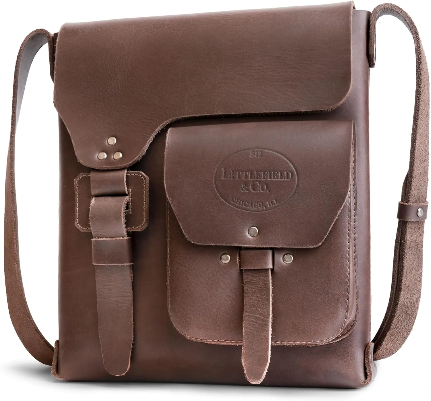 Littlefield & Co., Rustic Satchel with Adjustable Shoulder Strap, Classic Messenger Bag, Travel Accessory, Thick Full Grain Leather, Handmade, Bourbon Brown