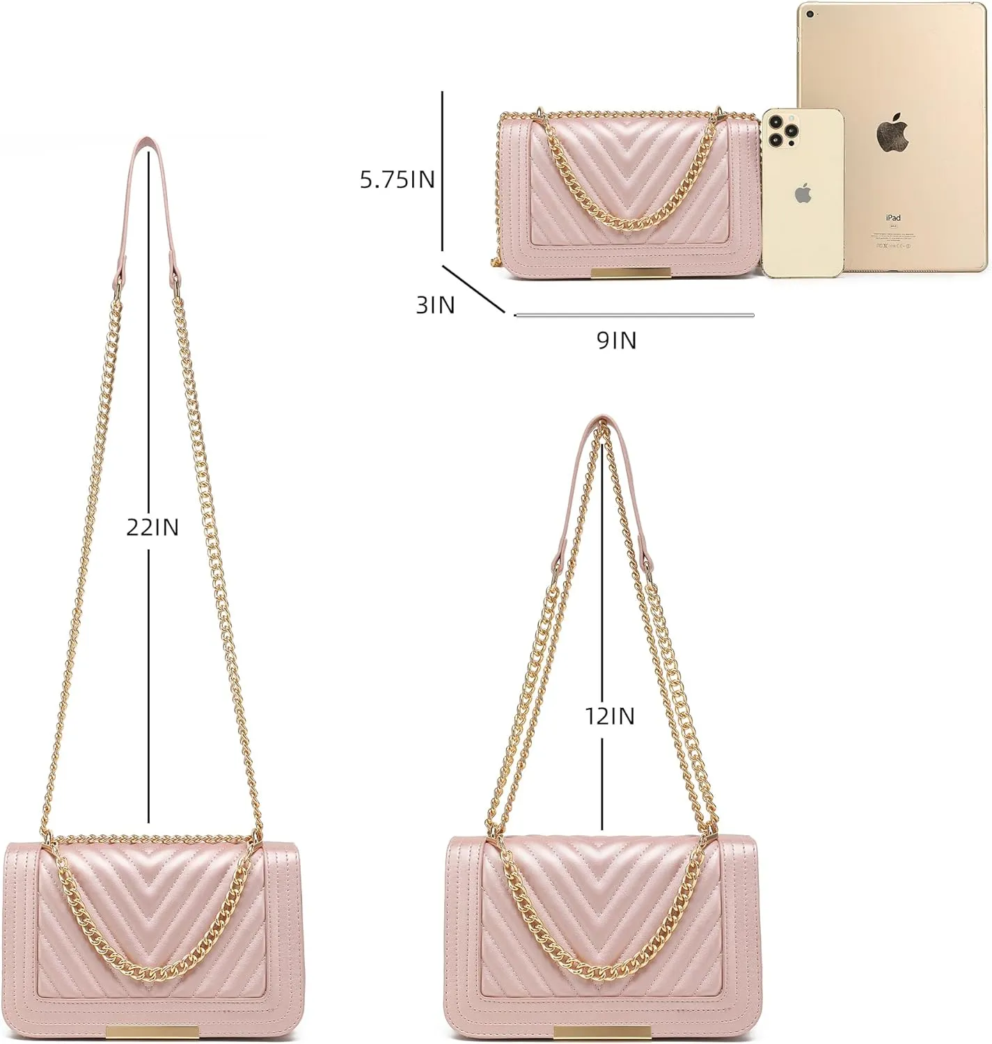 lola mae Crossbody Bags for Women Fashion Quilted Shoulder purse with Convertible Chain Strap Classic Satchel Handbag