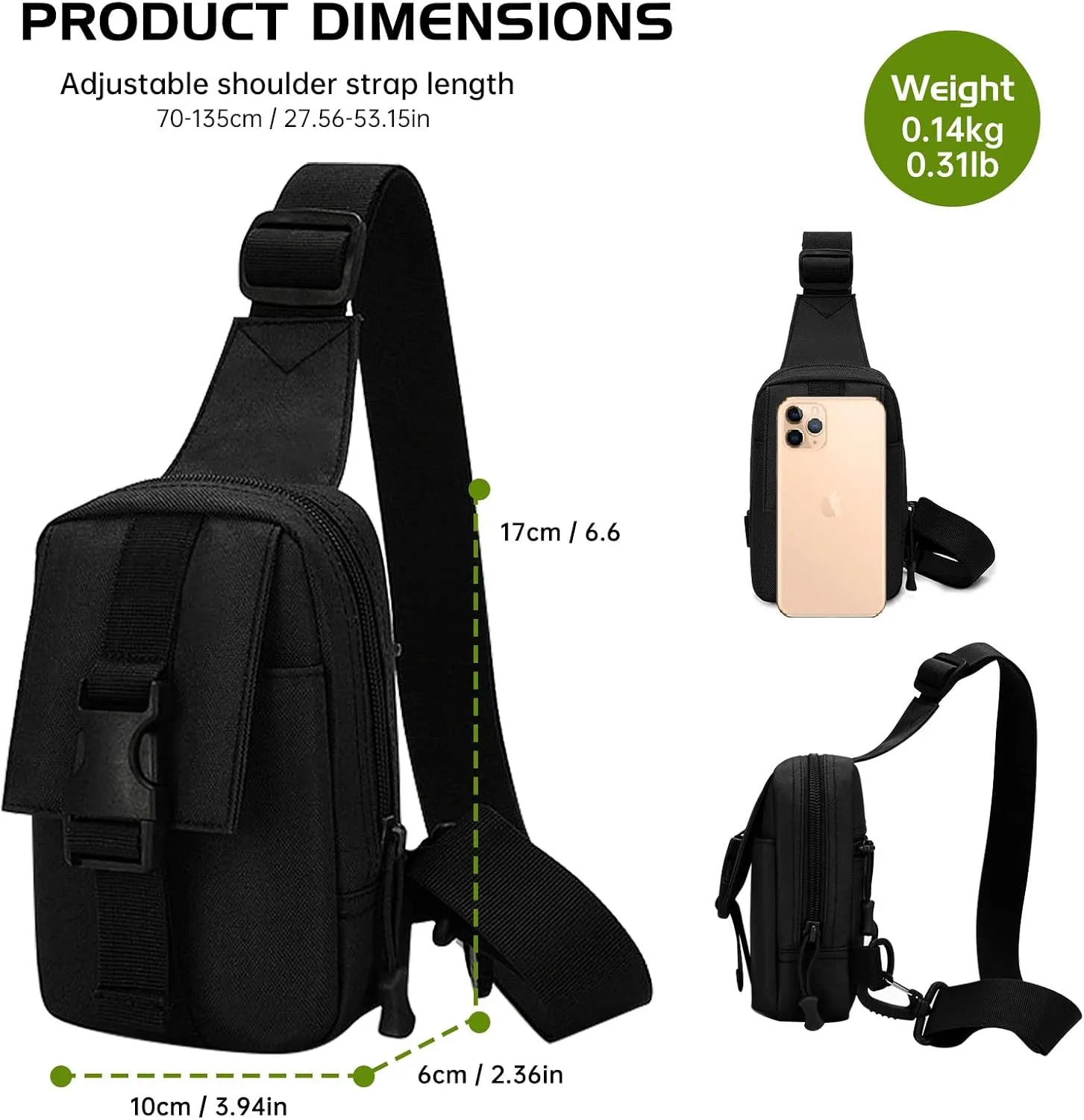 Long Keeper Small Sling Bag Crossbody Bag Men Lightweight Chest Backpack Shoulder Bags for Hiking Cycling Traveling Running (Black)