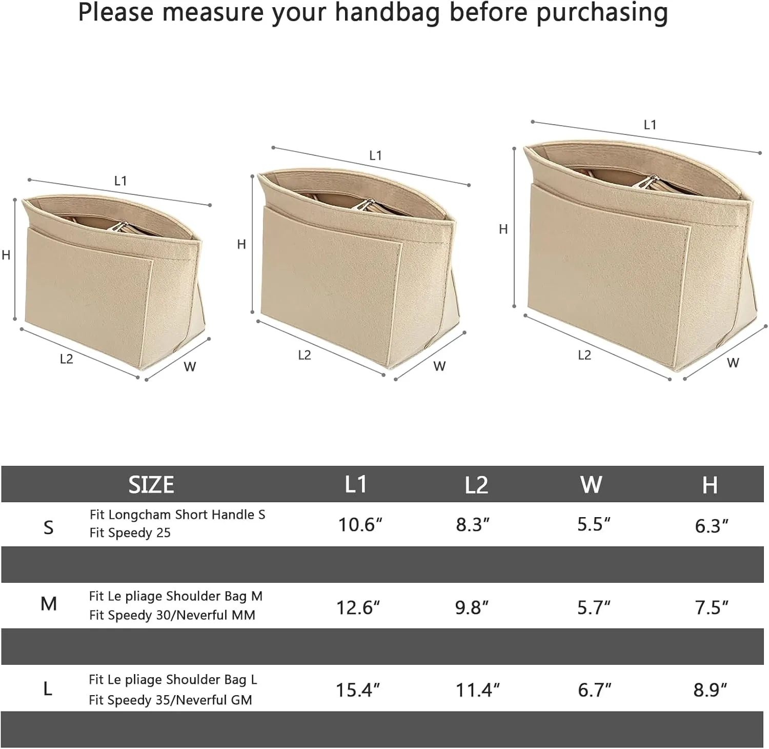Longchamp Le Pliage Handbag Organizer - Felt Insert with Pockets for Women, Beige