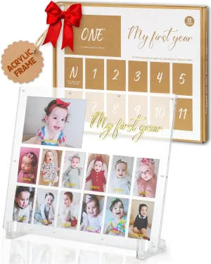 LOOKEY My First Year Acrylic Baby Picture Keepsake Frame, Wall Hanging, Tabletop, Monthly Milestone, 12 month Photos, Nursery Décor, First Birthday Monthly Photo Collage, Baby Shower, New Mom Gift