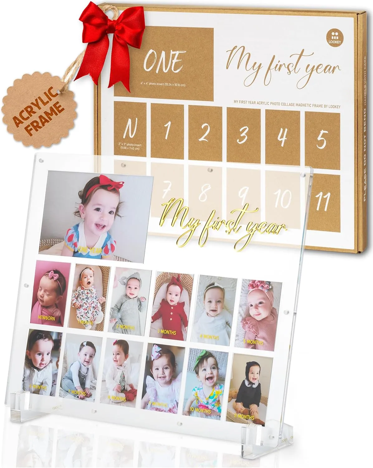 LOOKEY My First Year Acrylic Baby Picture Keepsake Frame, Wall Hanging, Tabletop, Monthly Milestone, 12 month Photos, Nursery Décor, First Birthday Monthly Photo Collage, Baby Shower, New Mom Gift