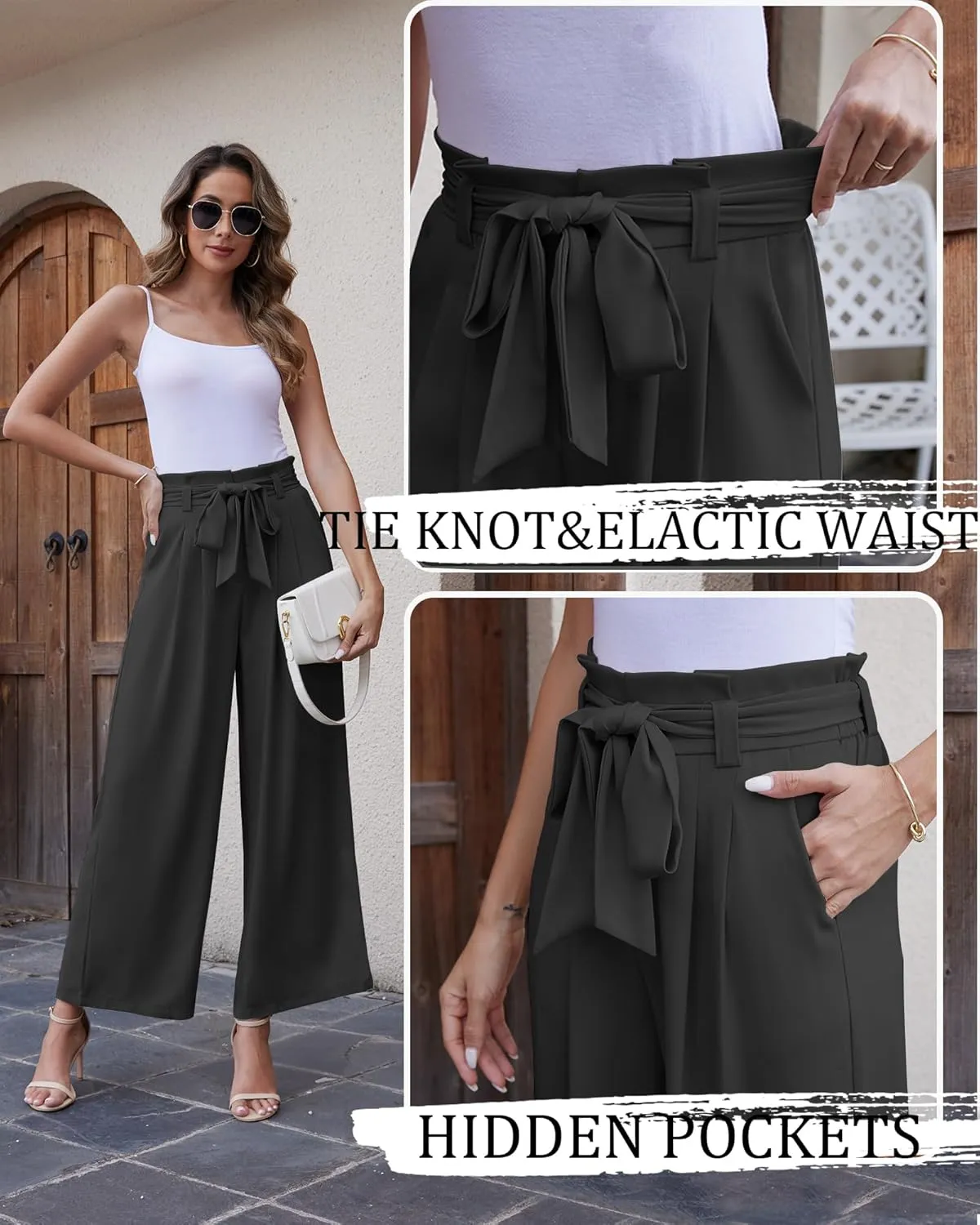 LOUSGUTA Wide Leg Dress Pants for Women Paperbag High Waisted Adjustable Tie Knot Business Casual Trousers with Pockets