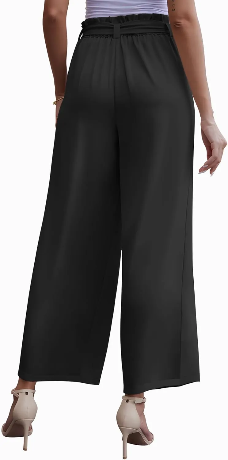 LOUSGUTA Wide Leg Dress Pants for Women Paperbag High Waisted Adjustable Tie Knot Business Casual Trousers with Pockets
