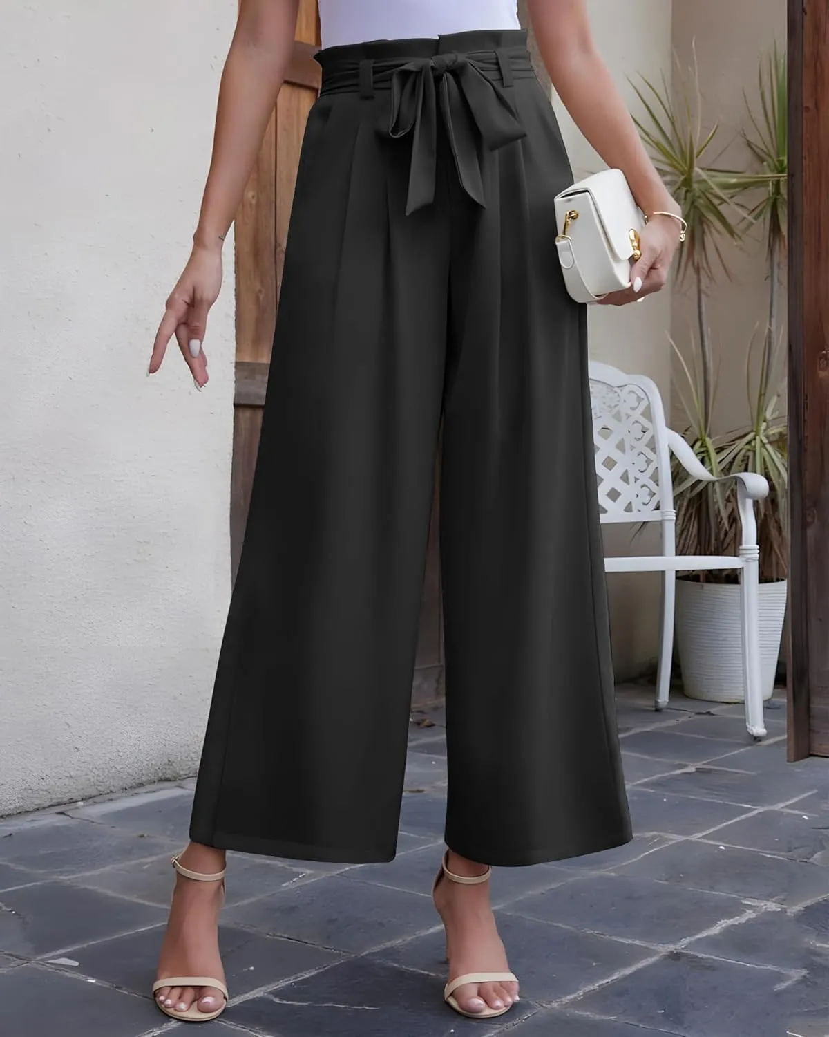LOUSGUTA Wide Leg Dress Pants for Women Paperbag High Waisted Adjustable Tie Knot Business Casual Trousers with Pockets