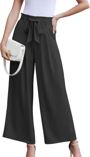 LOUSGUTA Wide Leg Dress Pants for Women Paperbag High Waisted Adjustable Tie Knot Business Casual Trousers with Pockets