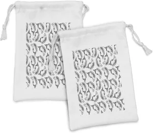 Lunarable Skull Fabric Pouch Set of 2, Dead Themed Fish and Bones Pattern Marine Creatures Fin Gills Sketchy Print, Small Drawstring Bag for Toiletries Masks and Favors, 9" x 6", Black and White