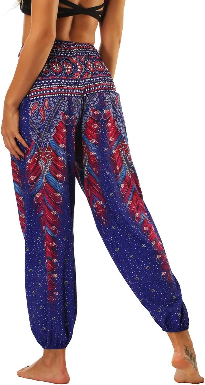 Lu's Chic Women's Boho Pants Harem Smocked Waist Yoga Hippie Palazzo Summer Beach Pants