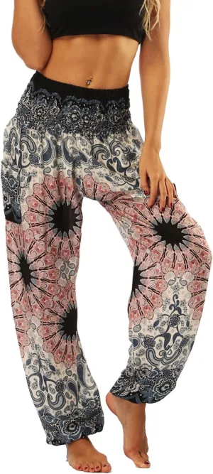 Lu's Chic Women's Boho Pants Harem Smocked Waist Yoga Hippie Palazzo Summer Beach Pants