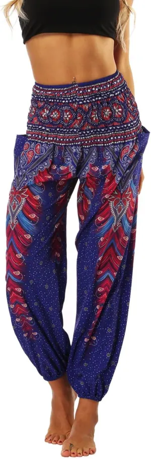 Lu's Chic Women's Boho Pants Harem Smocked Waist Yoga Hippie Palazzo Summer Beach Pants