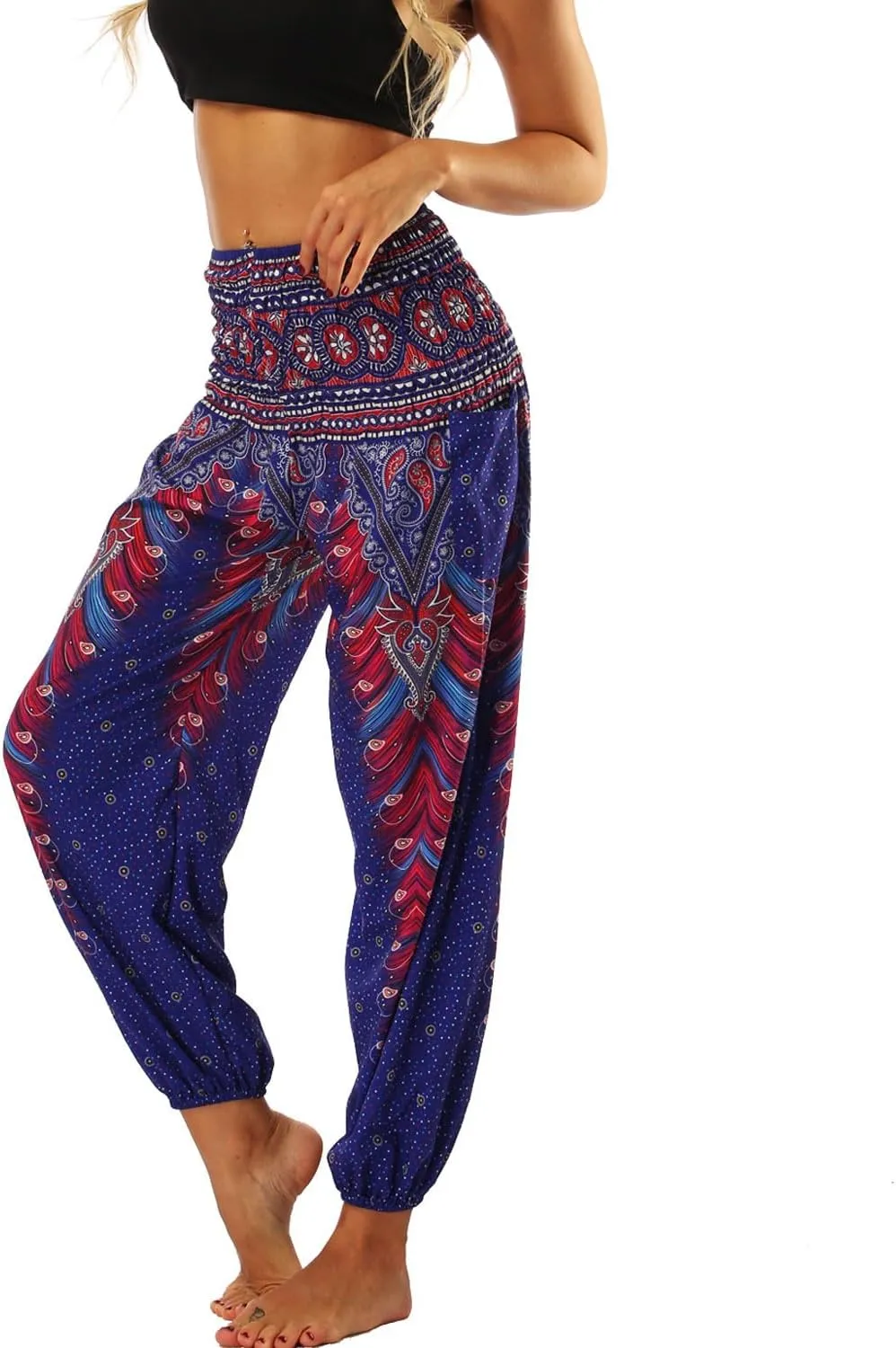 Lu's Chic Women's Boho Pants Harem Smocked Waist Yoga Hippie Palazzo Summer Beach Pants