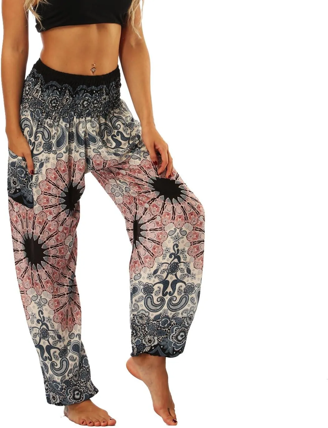 Lu's Chic Women's Boho Pants Harem Smocked Waist Yoga Hippie Palazzo Summer Beach Pants