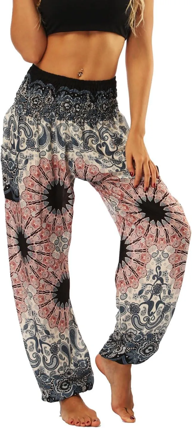 Lu's Chic Women's Boho Pants Harem Smocked Waist Yoga Hippie Palazzo Summer Beach Pants