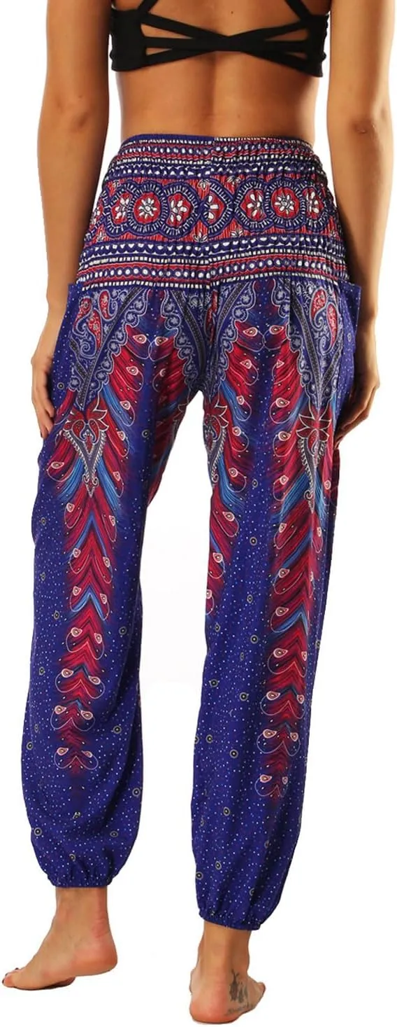 Lu's Chic Women's Boho Pants Harem Smocked Waist Yoga Hippie Palazzo Summer Beach Pants