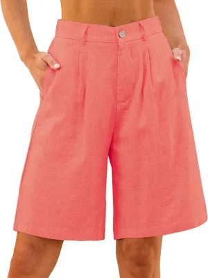 luvamia Bermuda Shorts for Women High Waisted Linen Dressy Casual Pleated Wide Leg Summer Shorts with Elastic Waist