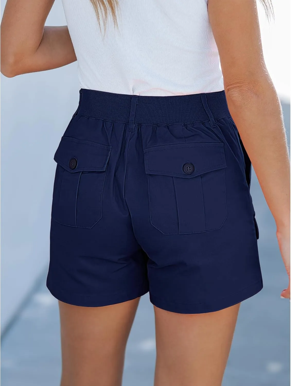 luvamia Cargo Shorts for Women Casual Summer High Waisted Chino Shorts Ribbed Elastic Waist Utility Pockets Comfy Shorts