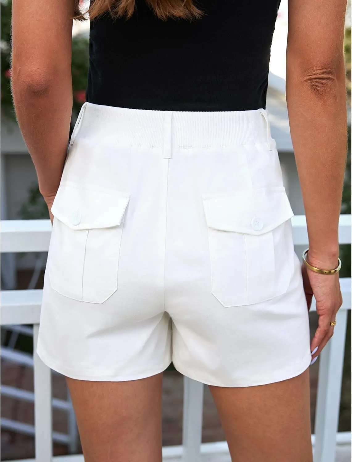 luvamia Cargo Shorts for Women Casual Summer High Waisted Chino Shorts Ribbed Elastic Waist Utility Pockets Comfy Shorts