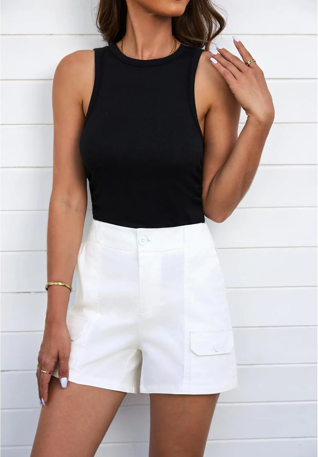 luvamia Cargo Shorts for Women Casual Summer High Waisted Chino Shorts Ribbed Elastic Waist Utility Pockets Comfy Shorts