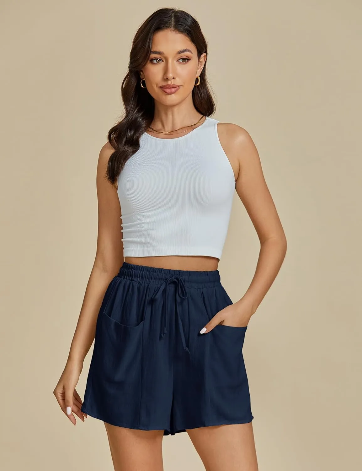 luvamia Linen Shorts for Women Trendy High Waisted Casual Summer Pull On Drawstring Beach Loost Fit Shorts with Pockets